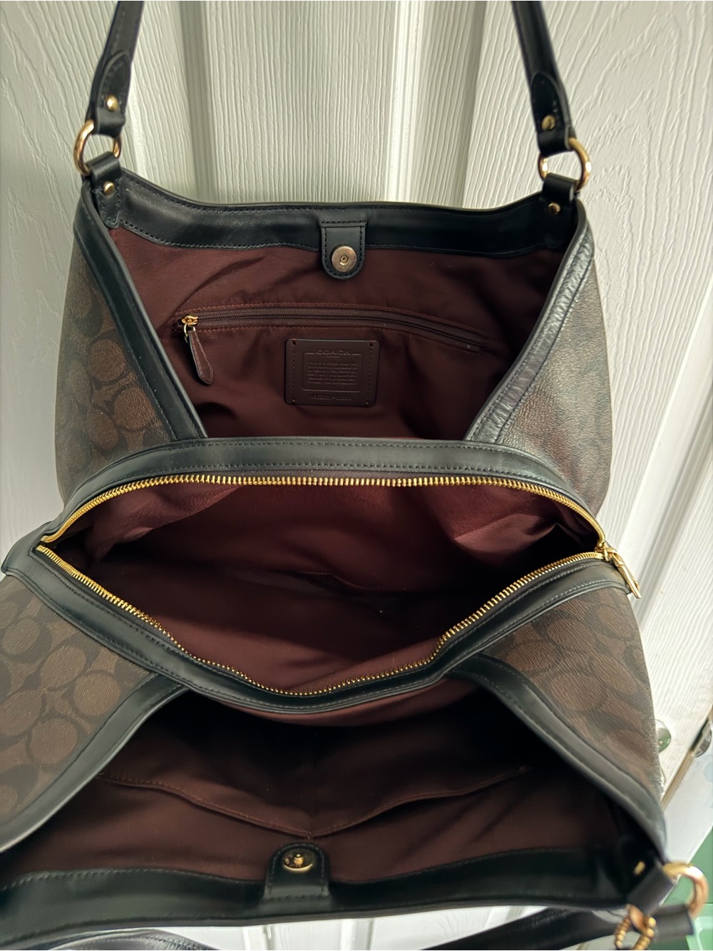 Coach Dark Brown Signature Canvas Shoulder Bag with Black Trim - Picture 14 of 16